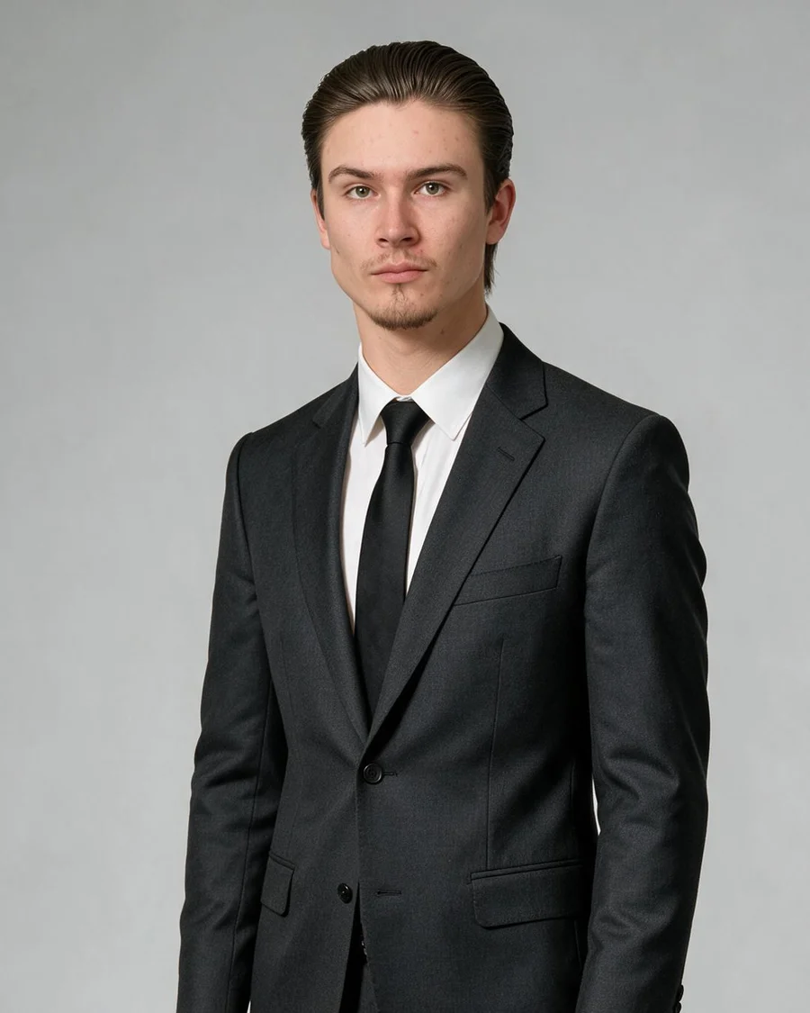 Asher Waite in a dark suit and tie against a grey studio backdrop