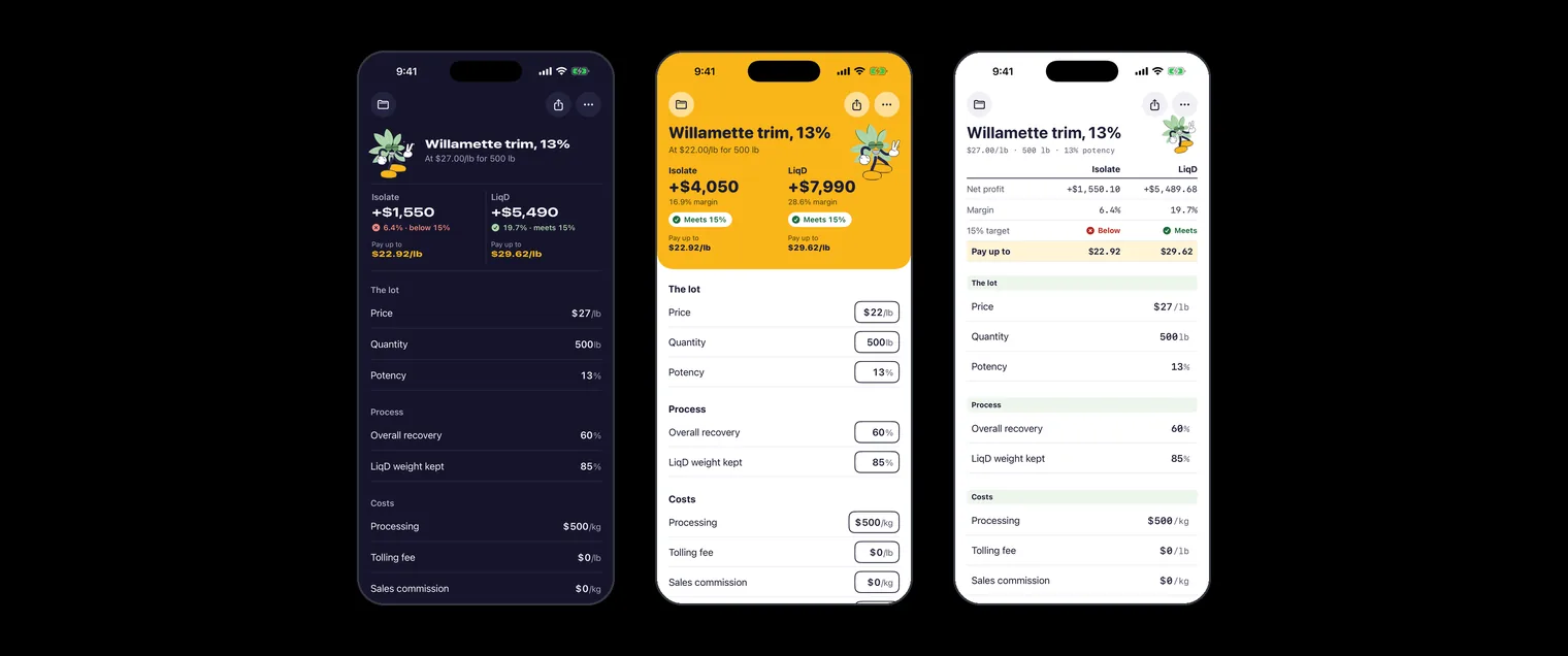 Three Biomass Calculator screens on iPhone, one in each of its looks, each showing a deal's profit, margin and the most to pay per pound