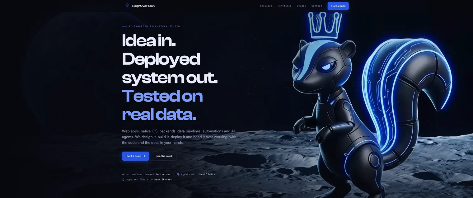 The reignovertech.com homepage: the headline Idea in. Deployed system out. Tested on real data., beside the studio's crowned skunk on the moon
