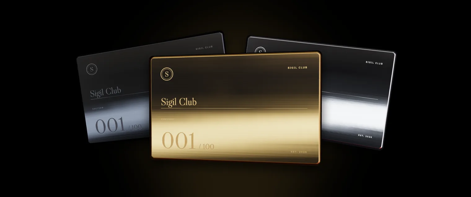 Three Sigil Club passes, numbered 001 of 100, in obsidian, brass and platinum